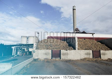 Bio Power Plant With Storage Of Wooden Fuel (biomass) Against Blue Sky