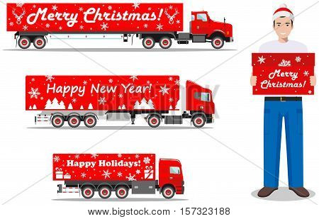 Detailed illustration of Christmas delivery truck and deliveryman hold the box on white background in flat style. Vector illustration.