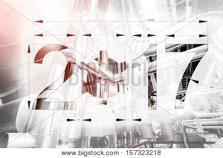 2017 Year Text Calendar Blueprint Drawing Combined With Picture Of Equpment
