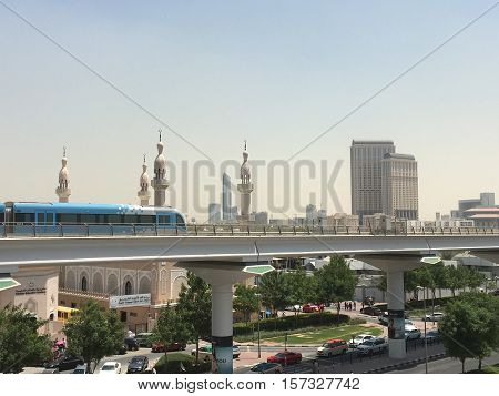 DUBAI, UAE - AUG 26: Train approaching Oud Metha Metro Station in Dubai, UAE, on Aug 26, 2016. Guinness World Records declared it the worlds longest fully automated driverless metro network.