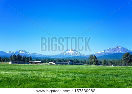 View of Three Sisters mountains part of the Cascade Range in Sister Oregon