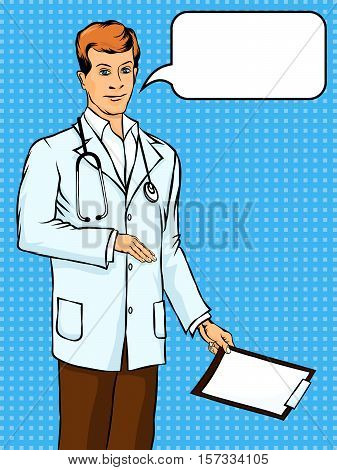 Doctor therapist medicine and health. Profession white coat stethoscope pop art retro style