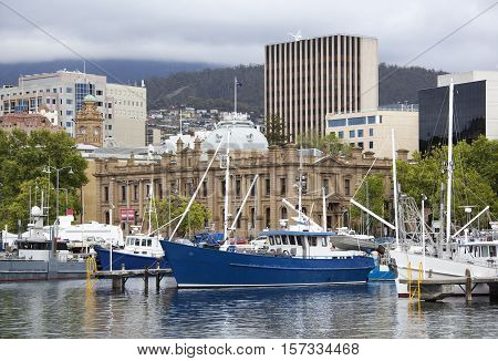 The view of marina boats with hobart downtown buildings behind (Tasmania).
