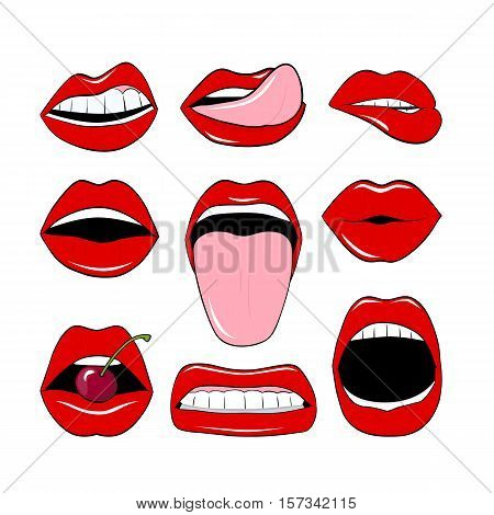 Set of cartoon style female lips and mouths isolated on white background. Vector illustration of smiles with teeth and tongue.