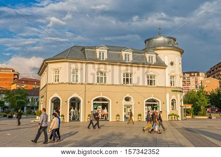 PRISTINA, KOSOVO - JULY 04, 2015: The old building renovated and converted into a shop on the Scanderbeg square in city center.