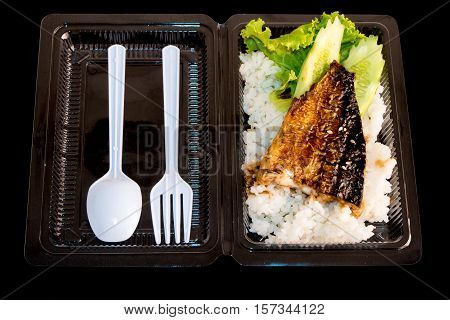 Food in plastic box Grill fish with rice and vetgetable