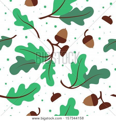 Seamless pattern with green oak leaves and acorns. Suitable for gift paper wallpaper web page background greeting cards textile.