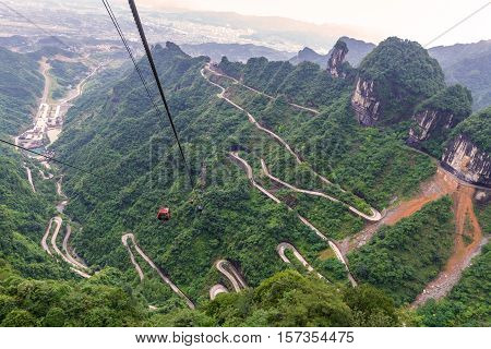 Cable Car With Winding And Curves Road In  Tianmen Mountain Zhangjiajie National Park, Hunan Provinc