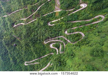 Cable Car With Winding And Curves Road In  Tianmen Mountain Zhangjiajie National Park, Hunan Provinc