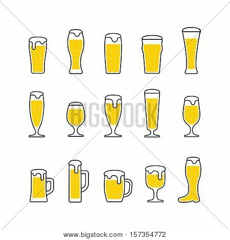 Beer with bubbles in glasses and mugs. Vector illustration