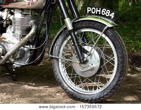 BSA Gold Star, Photographed at Coleford Carnival of transport, England. 13th April 2009 (front wheel/engine block)