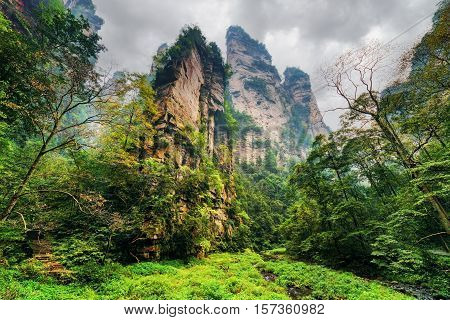 Bottom View Of Amazing Steep Cliffs Among Green Woods And Creeks