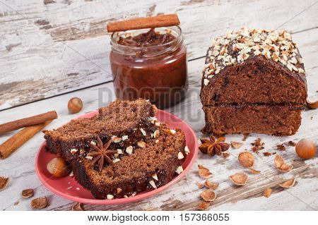 Gingerbread Or Dark Cake With Chocolate, Cocoa And Plum Jam, Delicious Dessert