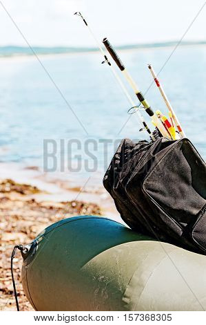 Fishing gear in an inflatable boat after fishing.