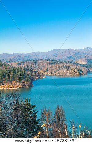 Panoramic view of Lokvarsko lake, beautiful mountain autumn landscape, Lokve, Gorski kotar, Croatia