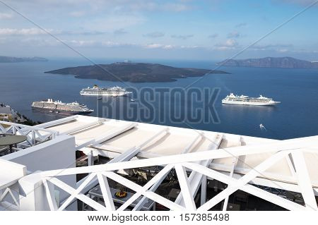 Santorini Greece - October 17 2015: Fira panora on the volcano area seen from the caldera pathway
