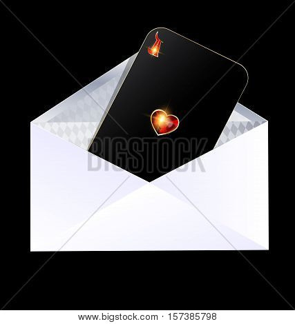 dark background and the white envelope with black card of red golden ace inside