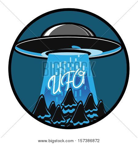 Color vintage ufo emblem. UFO cocept. Vintage style. Vector illustration