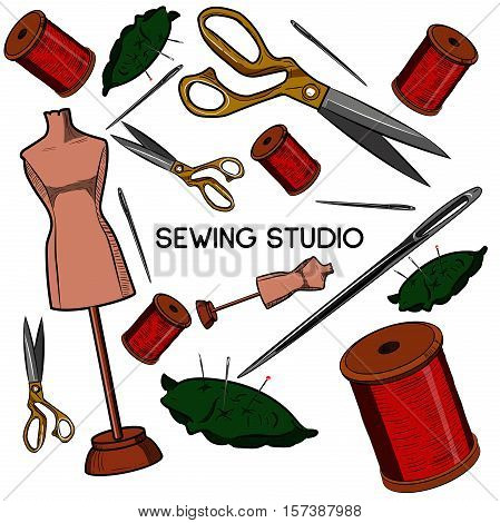 Colored hand drawn sewing icons set. Vector illustration, EPS 10