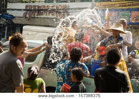 Bangkok, Thailand - April 13, 2008 : 
During Songkran the Thai New Year's festival. Major streets are closed for traffic, and are used as arenas for water fights.