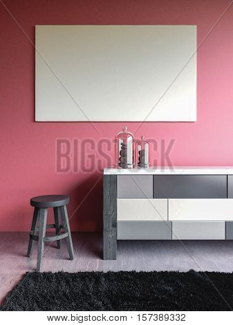 Pink wall interior mock up with chair, dresser, carpet, concrete floor 3d render