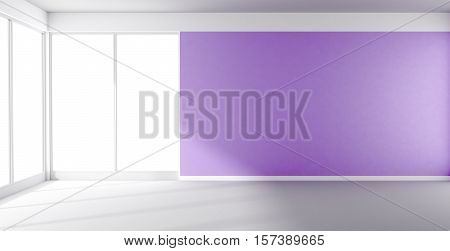 Empty room with purple wall and panoramic window sunlight 3d render