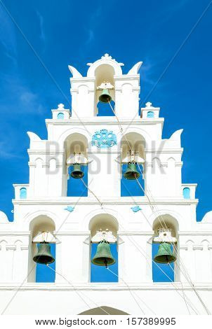 Greece Santorini island Pyrgos the bell tower of the Orthodox church of the village