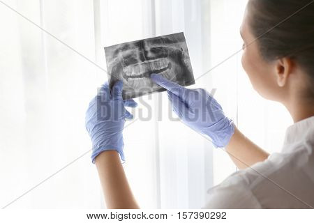 Dentist in gloves teaching radiograph on light background