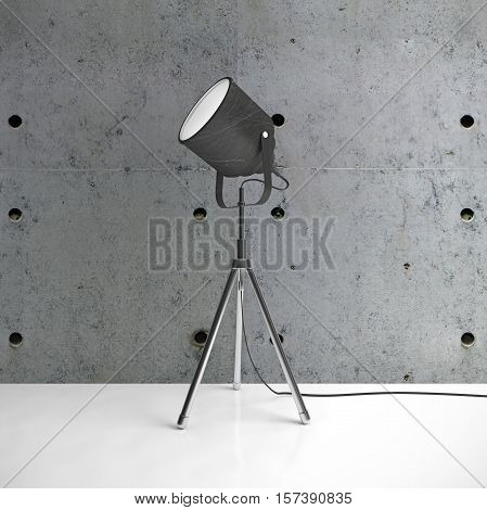 Metalic tripod lamp and concrete wall white floor in empty room