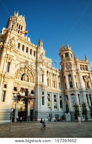 Side View Of Main Entrance To The Cybele Palace In Madrid, Spain
