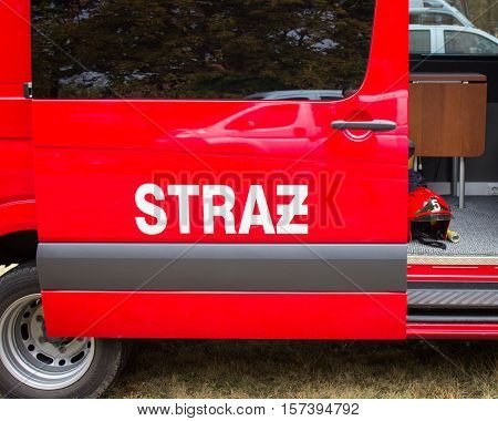 Poland, Poznań -october 1, 2016. Straż Pożarna - Sign Polish Firefighters On The Vehicle.