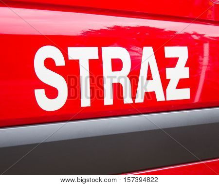 Poland, Poznań -october 1, 2016. Straż Pożarna - Sign Polish Firefighters On The Vehicle.