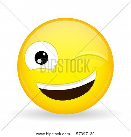 Wink emoji. Happy emotion. Hint emoticon. Cartoon style. Vector illustration smile icon.