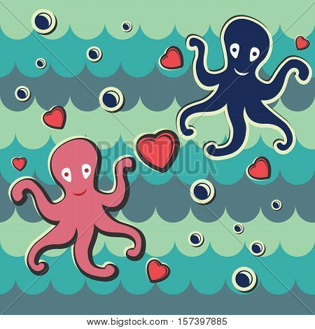 greeting card with a pair of octopuses and hearts