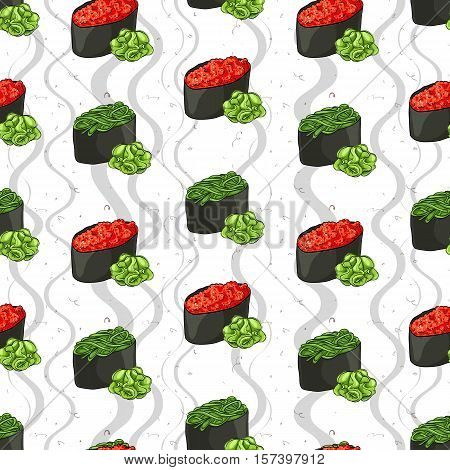 Seamless pattern of sushi Gunkan Chuka Seaweed and Gunkan Red Tobiko with wasabi, color