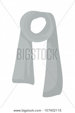 Knitted scarf isolated on white background. Unisex grey warm woolen scarf with trim. Autumn and winter season accessory. Kremer, muffler or neck-wrap. Worn around neck for warmth and fashion. Vector