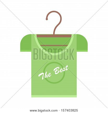 Green t-shirt on a wooden hanger. T-shirt with lettering - The Best. Green t-shirt template. Menswear. Isolated object on white background. Vector illustration.