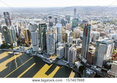 BRISBANE, AUSTRALIA - OCTOBER 18 2016: Brisbane CBD Riverside and ferry terminals, view from above
