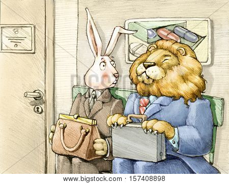 two sales agents are waiting to meet a doctor one is a rabbit one is a lion