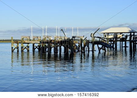 VILANO BEACH, FLORIDA, USA - OCTOBER 18, 2016: Aftermath of private boat dock damage caused by hurricane Matthew hitting along the east coast of Florida on October 7, 2016.