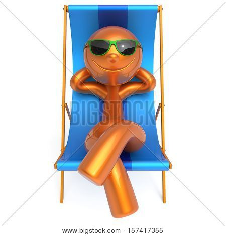 Man smiley resting beach deck chair summer vacation daydreaming relaxing cartoon character chilling stylized sunglasses person sun lounger tourist sunbathe outdoor travel destination. 3d illustration