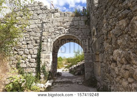 Crimea. Cave city Mangup Kale. The ruins of the palace and citadel.