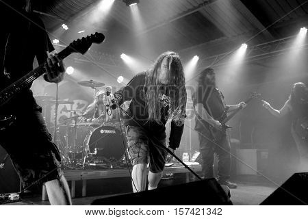 SOUTHAMPTON, UK, October 31  2016: John Tardy vocalist with American death metal band Obituary,  performing live at the Engine Rooms, Southampton, Hampshire, UK
