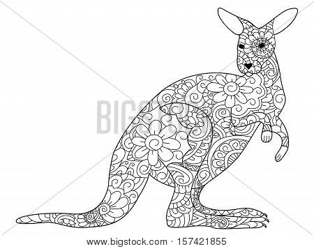 kangaroo animal coloring book for adults vector illustration. Anti-stress coloring for adult. Zentangle style. Black and white lines. Lace pattern