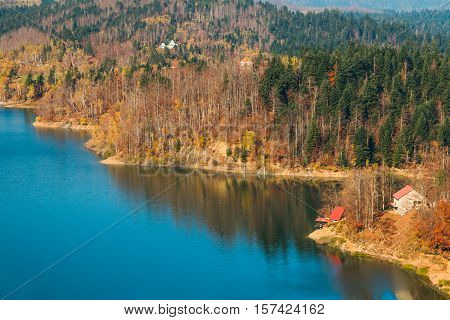 Panoramic view of Lokvarsko lake, beautiful mountain autumn landscape, Lokve, Gorski kotar, Croatia