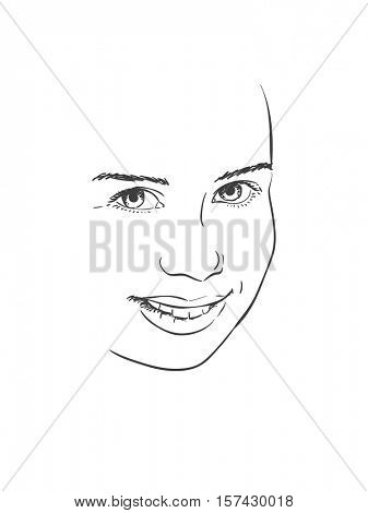 Facial features of beautiful young girl, Vector sketch Hand drawn illustration