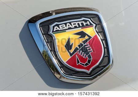 TURIN, ITALY - OCTOBER 4, 2016: Abarth logo on a light grey Fiat 500