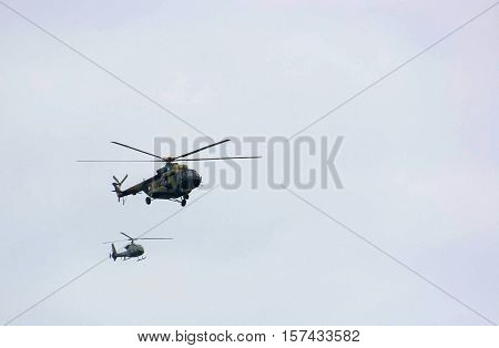 Helicopters flying during the military parade in Novi Sad Serbia 2016