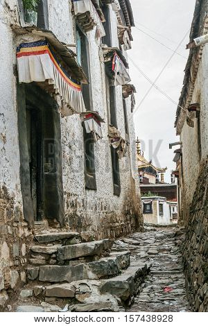 Narrow passage between buildings in the compound of the Tibetan Monastery in Shigatse in central Tibet