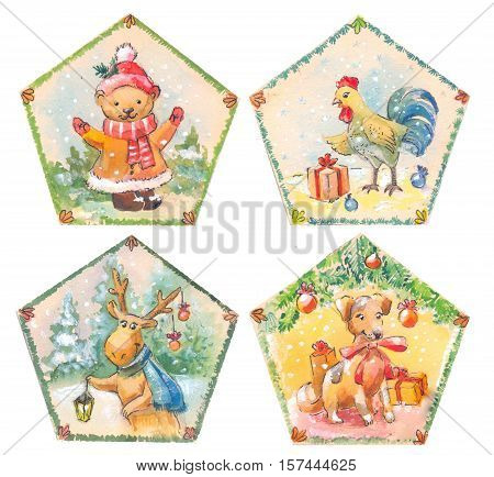 cristmas set of watercolor illustrations. Dog bear rooster deer. Drawing for postcard package design fridge magnets stickers children's goods. Vintage style. Cute sketch of animals.